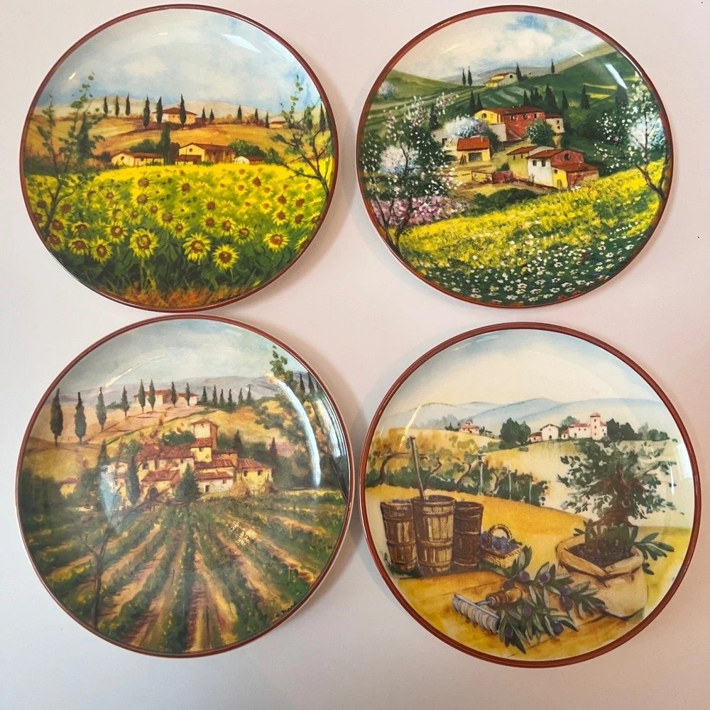 CMG Portugal Hand Painted Landscape Salad Plates Set of 4 Vineyard Sunflowers